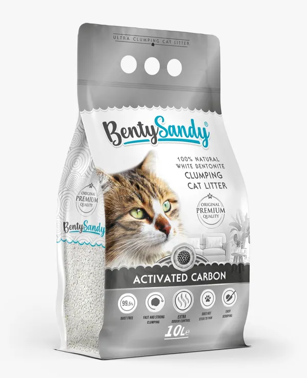 Arena para Gatos Bentysandy Carbón Activado Ultra absorbente y Ultra aglomerante 100% Bentonita 10L/ 8,7Kg 4 Unds